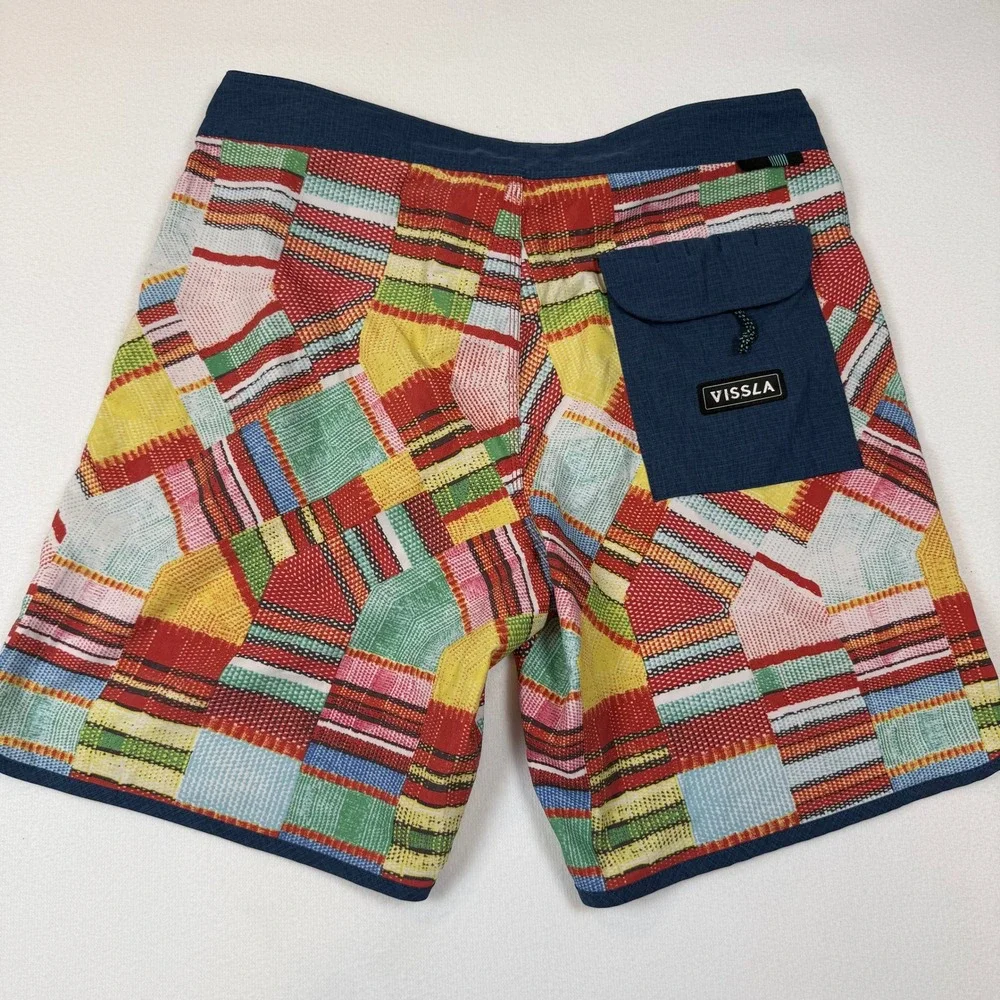 Vissla Board Shorts Size 33 Multi Color Patchwork Coconut Stretch Surf Trunks